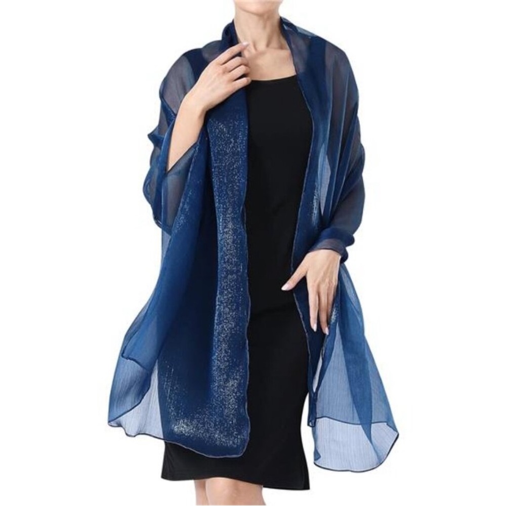 Sheer Crepe Shawls Wraps Light-weight Navy Blue